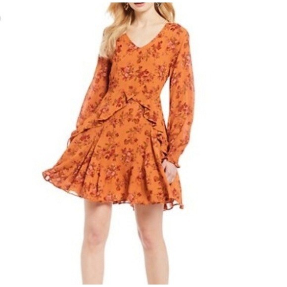 A Loves A Dress Orange Floral Print Ruffle Long Sleeve V Neck - Picture 1 of 10